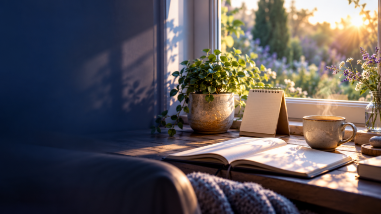 Kalender, Notizbuch und Tee am Fenster