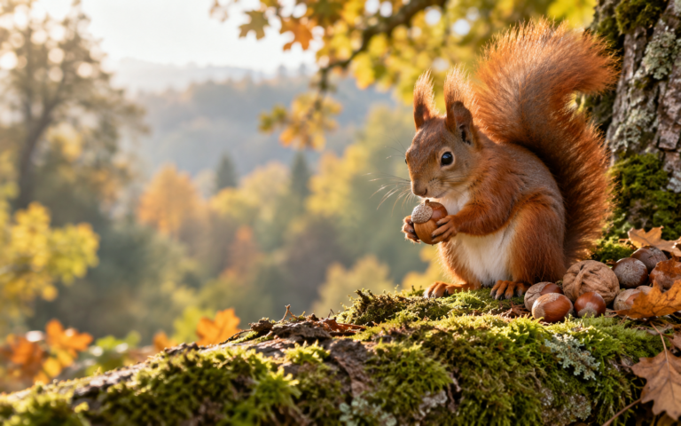 Eichhörnchen mit einer Eichel im herbstlichen Wald
